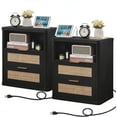thumbnail image 1 of Set of 2 Rattan Nightstand with Charging Station, Boho Bedside Table Large Night Table with 2 Drawers and Storage Shelf, End Side Table for Bedroom, Living Room, Black, 1 of 10