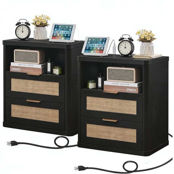 Set of 2 Rattan Nightstand with Charging Station, Boho Bedside Table Large Night Table with 2 Drawers and Storage Shelf, End Side Table for Bedroom, Living Room, Black