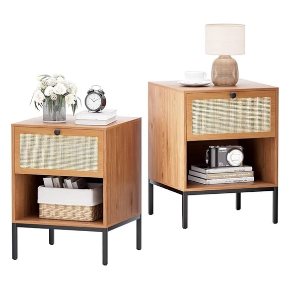 Set of 2 Rattan Nightstands with Drawer & Open Shelf, Boho Bedside Table with Natural Cane, Wood End Table with Metal Legs for Bedroom, Small Spaces, Brown