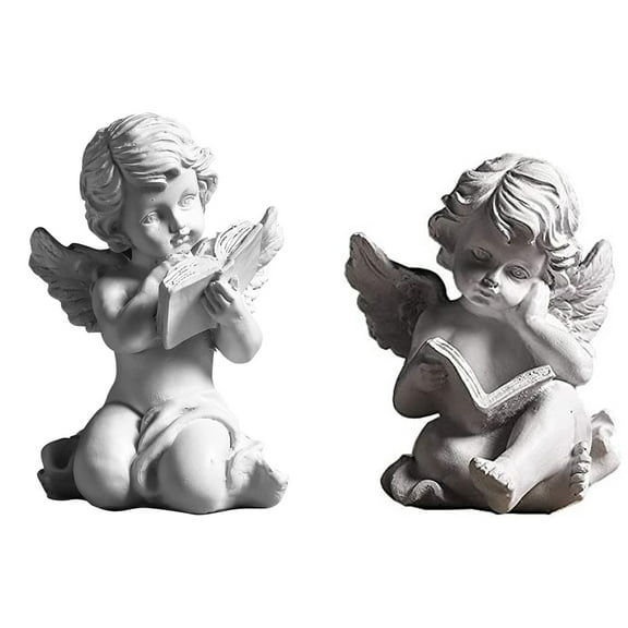 Set of 2 Reading Book Angel Statue Cherub Wings Angel Statue Figurine Guardian Home Garden Angel Sculpture Statuette Shelf Sitter Angel Collection Angel Wings Memorial Rememberance Statue