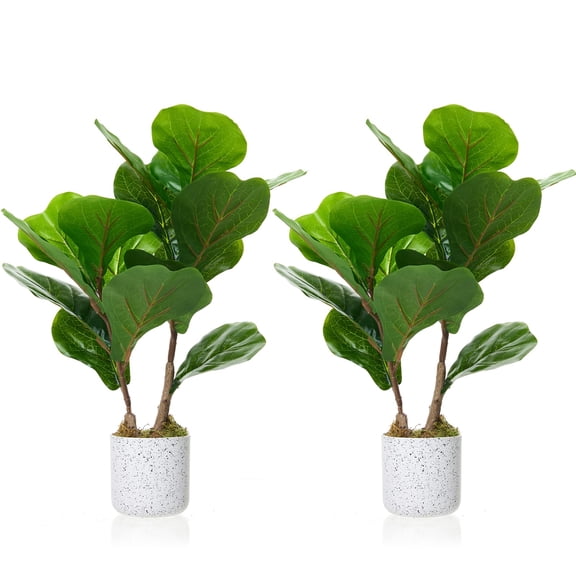 Set of 2 Realistic Artificial Fiddle Leaf Fig Trees – 40cm Tall Faux Plants in Marble-Look Pots with Cement Moss Base – Lifelike Fake Greenery for Home, Office, Living Room & Desk Decor