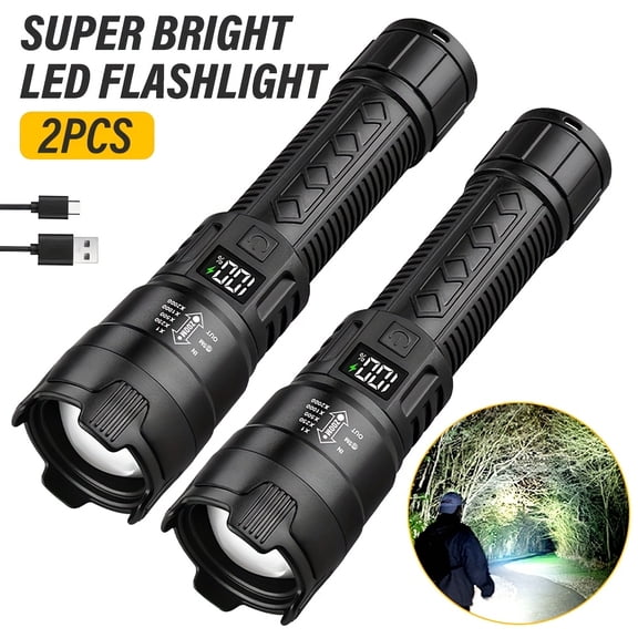 Set of 2 Rechargeable LED Torches, Compact Design with Adjustable Zoom And Battery Level Indicator, Featuring Three Lighting Options Suitable for Outdoor Activities, Camping, Work