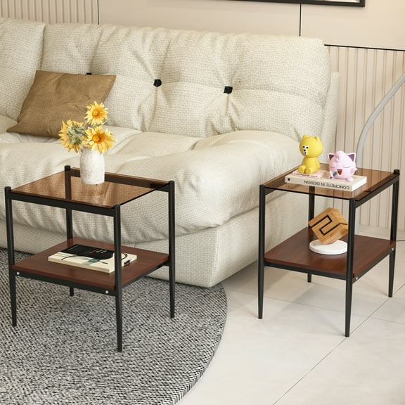 Coffee Tables Set of 2 Rectangle End Table, Tempered Glass Tabletop with MDF layer, Modern Table for Living Room , Brown Glass,End Tables