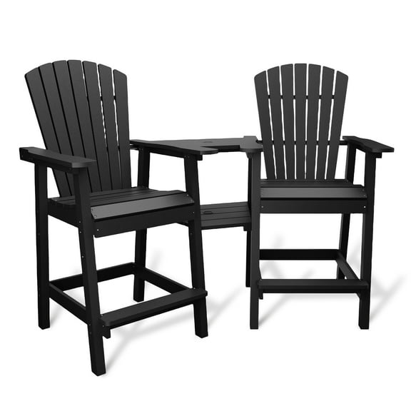 Set of 2 Recycled Poly Adirondack Barstools with Connecting Tray, Tall Adirondack Bar Chairs for Deck, Balcony, Backyard, Patio, Weather Resistant,Black