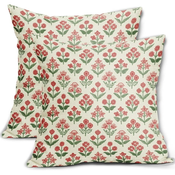 Set of 2 Red Green Block Print Pillow Covers 18x18 Inch, Vintage Floral Spring Decorative Throw Pillow Cases Boho Rustic Cushion Covers for Farmhouse Sofa Couch Bed Decor