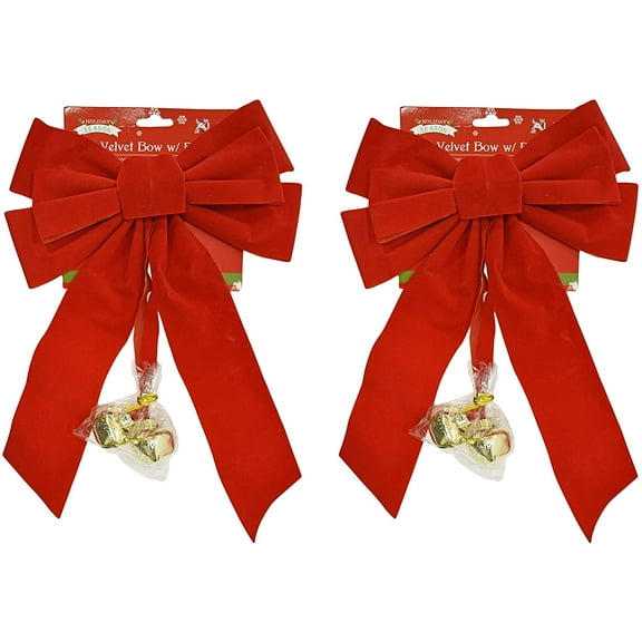 Set of 2 Red Velvet Festive Holiday Christmas Bows With Bells - Perfect as Tree Ornaments - Tree Filler - Decorative Ornaments - Perfect for Preparing for the Holidays!