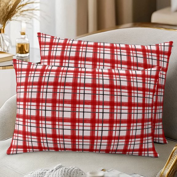 Set of 2 Red White Grid Gingham Pillow Covers 12x20 Inch, Abstract Modern Minimalist Stripe Checked Decorative Throw Pillow Cases Cotton Cushion Covers for Sofa Couch Bed Living Room Bedroom Decor