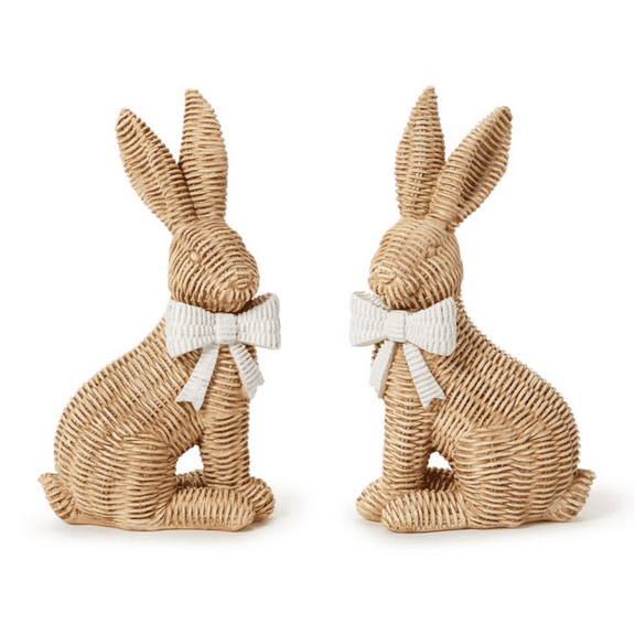 Set of 2 Resin Easter Bunny Figurines, Wicker Weave Pattern with White Bows, Spring Easter Decorations for Home, Tabletop, Mantel, and Shelf, Rustic Farmhouse Style Holiday Decor for Adults