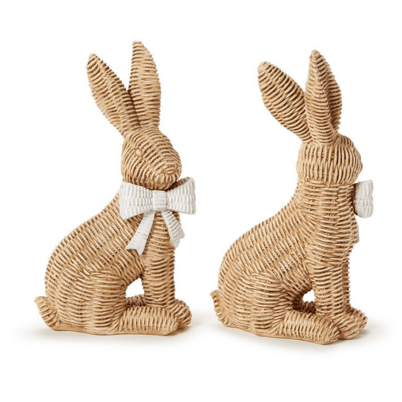 Set of 2 Resin Easter Bunny Figurines, Wicker Weave Pattern with White Bows, Spring Easter Decorations for Home, Tabletop, Mantel, and Shelf, Rustic Farmhouse Style Holiday Decor for Adults