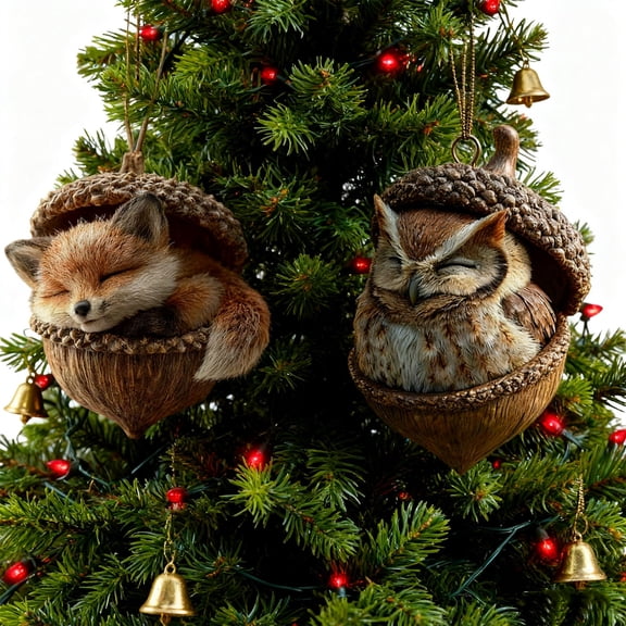 Set of 2 Resin Forest Animal Ornaments, Sleeping Fox Owl Bunny Hedgehog in Hazelnut, Handcrafted Miniature Ornaments for Christmas Tree and Winter Themed Home(C)