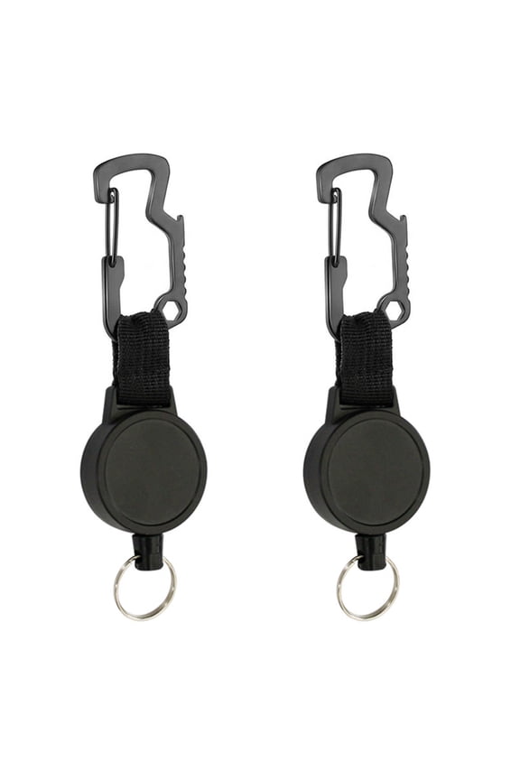 Set of 2 Retractable Keychain with Multifunctional Carabiner, 65cm Steel Cord, Black Plastic Material, Sturdy, Bottle Opener and Allen Wrench, Hangs on Belt Loops Purses Tents