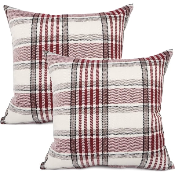 Set of 2 Retro Farmhouse Christmas Outdoor/Indoor Buffalo Tartan Chequer Stripe Plaid Cotton Linen Decorative Throw Pillow Case Cushion Cover Pillowcase for Sofa Chair,Red, 20x20inch