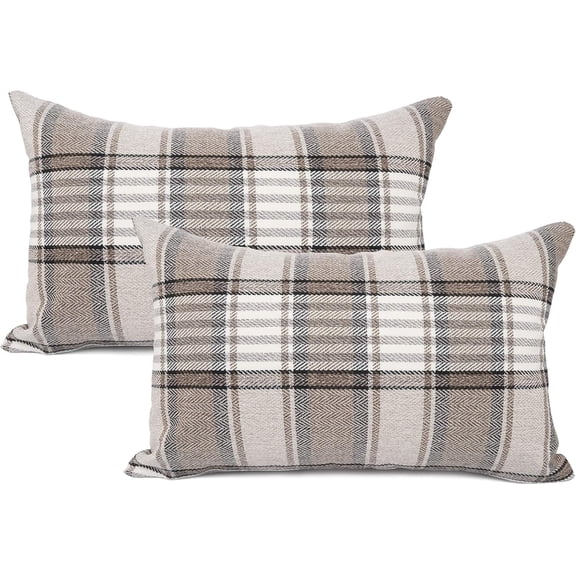 Set of 2 Retro Farmhouse Outdoor/Indoor Buffalo Tartan Chequer Stripe Plaid Cotton Linen Decorative Throw Pillow Case Cushion Cover Pillowcase for Sofa Chair,Brown, 12x20inch