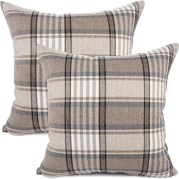 Set of 2 Retro Farmhouse Outdoor/Indoor Buffalo Tartan Chequer Stripe Plaid Cotton Linen Decorative Throw Pillow Case Cushion Cover Pillowcase for Sofa Chair,Brown, 20x20inch