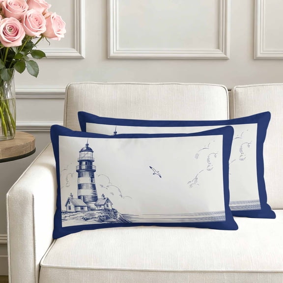 Set of 2 Retro Lighthouse Pillow Covers 12x20 Inch, Seagull Ocean Vintage Blue Lines Art Decorative Throw Pillow Cases Cotton Cushion Covers for Sofa Couch Bed Living Room Bedroom Home Decor