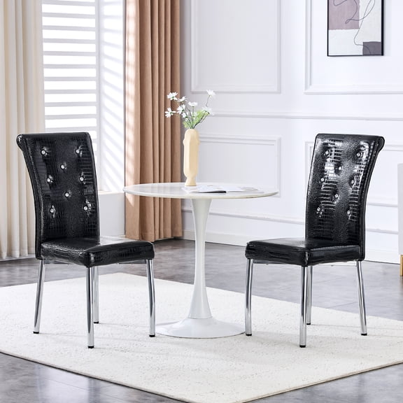Set of 2,Retro alligator skin Upholstered dining chairs,with Crystal buckle design and Faux Leather design,a touch of elegance and mystery to the dining area,Electroplated metal legs
