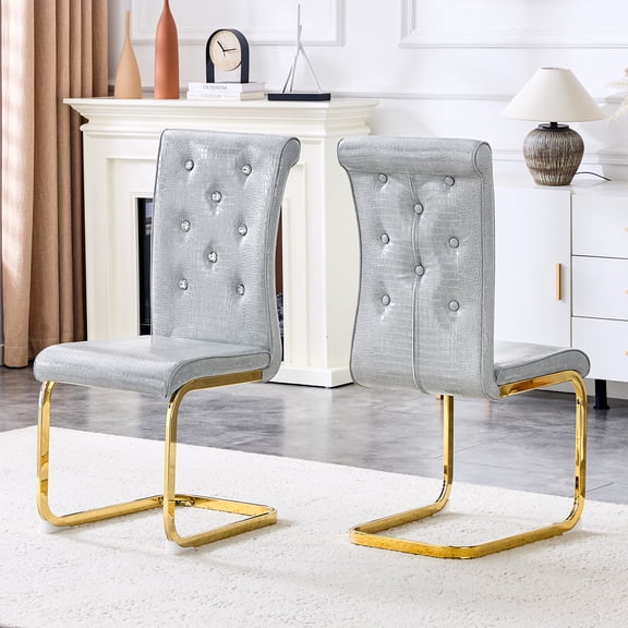 Set of 2,Retro alligator skin Upholstered dining chairs,with Crystal buckle design and Faux Leather design,a touch of elegance and mystery to the dining area,Gold plated metal bow leg