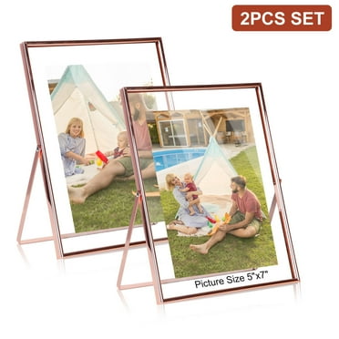 Set of 2 Rose Gold Floating Picture Frame for 5x7 Photos, Glass Pressed Picture Frames, Vertical Standing Tabletop Glass Floating Frame for Home Decor
