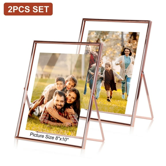 Set of 2 Rose Gold Floating Picture Frame for 8x10 Photos, Glass Pressed Picture Frames, Vertical Standing Tabletop Glass Floating Frame for Home Decor