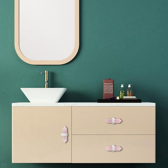 Set of 2 Rose Quartz Double Crystal Points Drawer Knobs with Screws, Decorative Stone Cabinet Handle Pulls for Dresser Cupboard Kitchen Decor, Brushed Stainless Steel