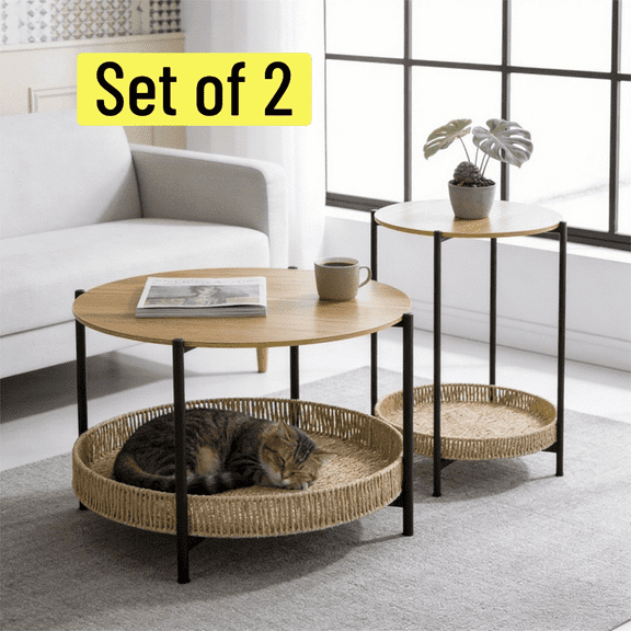 Set of 2 Round Coffee Table End Table Set with Rattan Storage Basket, Modern Wood Top Metal Frame Side Table, Industrial Nightstand for Living Room Bedroom Office, Boho Accent Table for Small Space