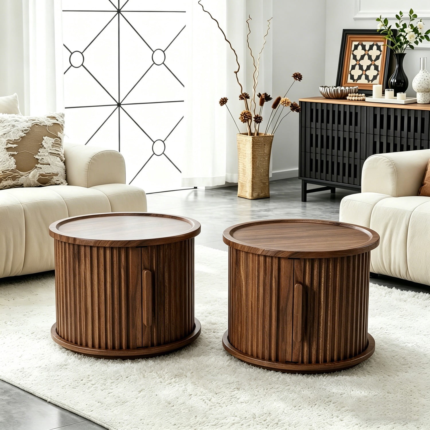 Set of 2 Round Coffee Tables with Sliding Door Storage, Modern Walnut Nesting Side Tables, Fluted Roman Column Accent End Tables & Nightstands for Living Room, Bedroom