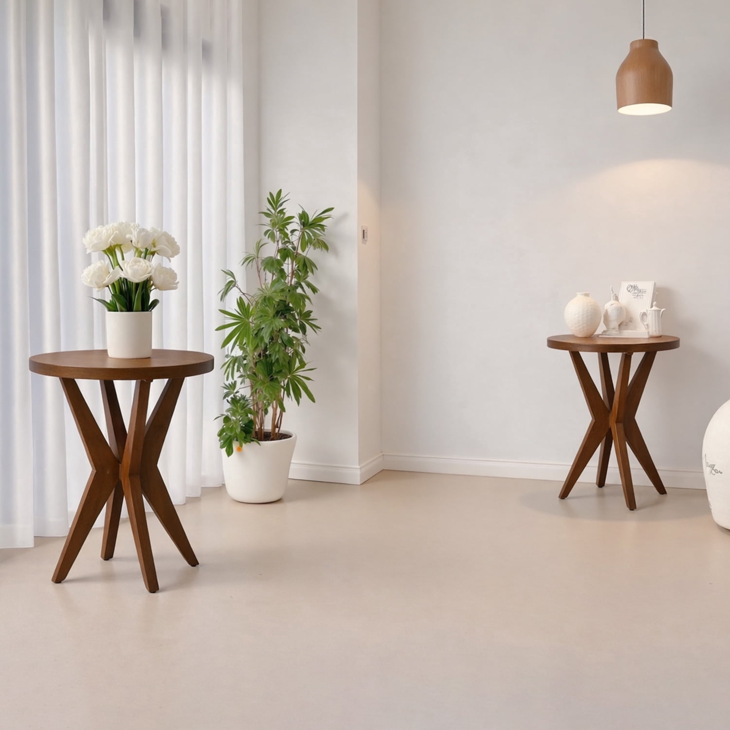 Set of 2 Round End Table 24'' High Side Table with Cross Walnut Legs, Mid Century Modern Accent Bedside Table for Living Room, Balcony, Bedroom or Small Spaces, Brown Walnut