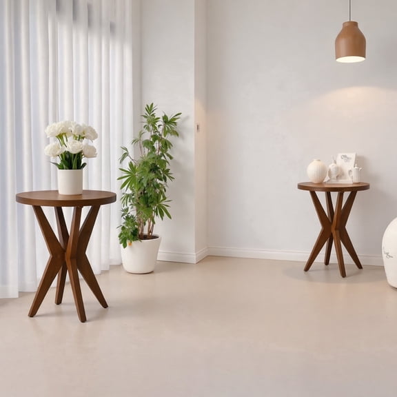Set of 2 Round End Table 24'' High Side Table with Cross Walnut Legs, Mid Century Modern Accent Bedside Table for Living Room, Balcony, Bedroom or Small Spaces, Brown Walnut