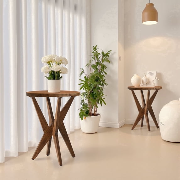 Set of 2 Round End Table 24'' High Side Table with Cross Legs, Mid Century Modern Accent Bedside Table for Living Room, Balcony, Bedroom or Small Spaces, Raw Walnut