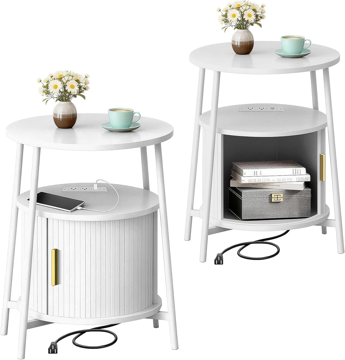 Set of 2 Round Fluted Accent Side Table with Charging Station and Sliding Door – Mid-Century Modern End Table, Compact Nightstand for Living Room, Bedroom, Sofa Couch, White