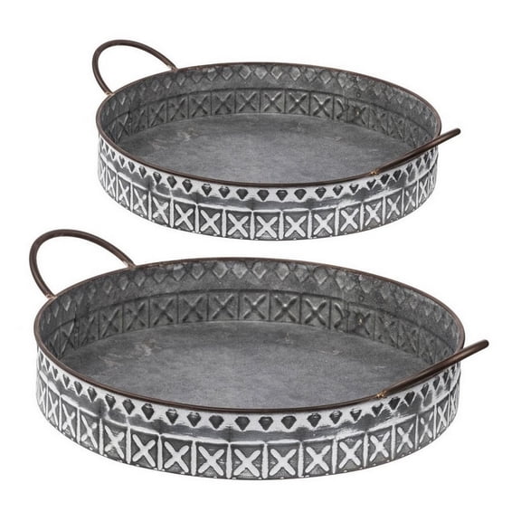 Set of 2 Round Galvanized Gray Iron Serving Trays with Handles, 18 and 20 Inch Rustic Decorative Metal Platters for Coffee Table, Ottoman, and Home Decor