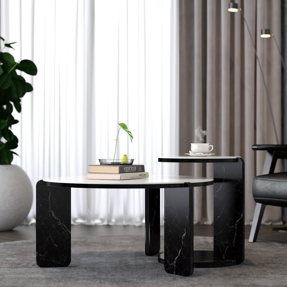 Set of 2 Round Nesting Coffee Table for Small Place, living room end table with white sintered stone top, 32.68" + 16.93" diameter Side Table Night Stand for Bed Room Dining Room, 83+ 43 cm sofa tabl