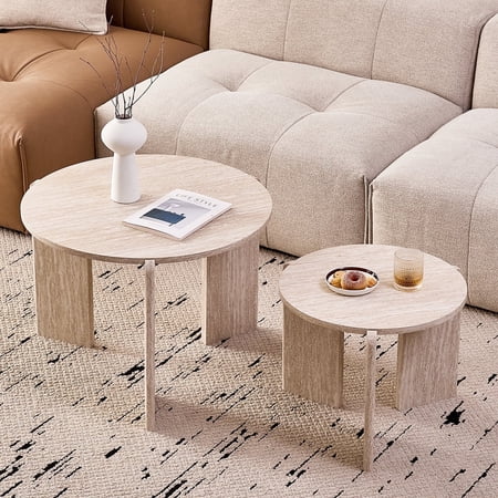 Set of 2 Round Nesting Coffee Table, Mid Century Modern Circle Side Table for Bedroom, Living Room, Apartment, Light-Stone Pattern