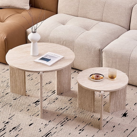 Set of 2 Round Nesting Coffee Table, Mid Century Modern Circle Side Table for Bedroom, Living Room, Apartment, Light-Stone Pattern