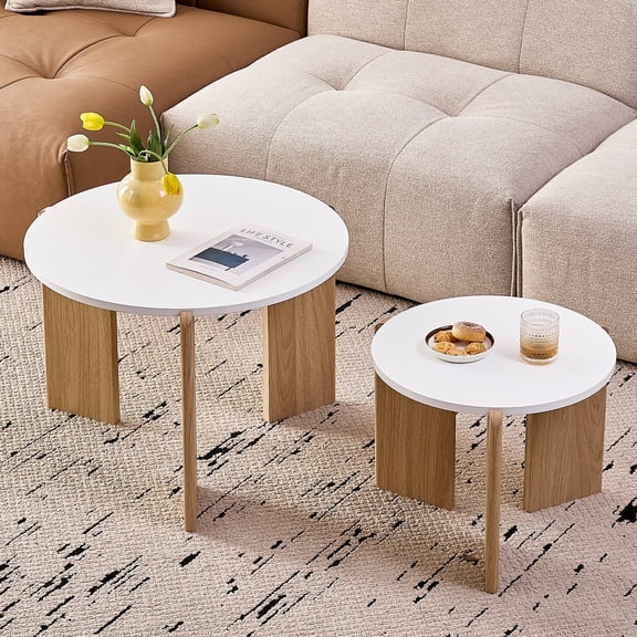 Set of 2 Round Nesting Coffee Tables, [Interchangeable Height] φ27.6 + φ19.7, Mid Century Modern Circle Side Table for Bedroom, Living Room, Office Studio, Apartment, White
