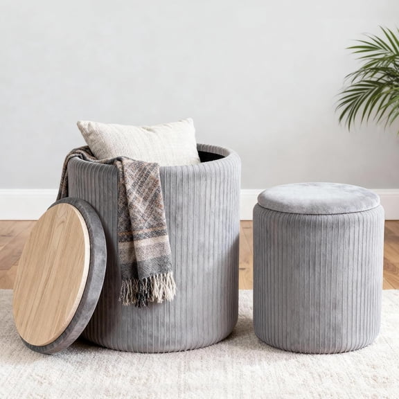 Set of 2 Round Ottoman with Storage, Upholstered Vanity Stool Support 330lbs Multifunctional Coffee Table Ottoman Velvet Foot Rest Stool or Living Room Bedroom Dorm