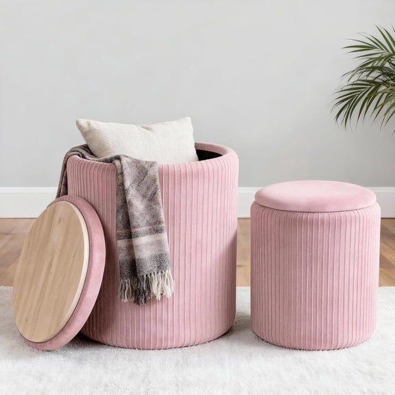 Set of 2 Round Ottoman with Storage, Upholstered Vanity Stool Support 330lbs Multifunctional Coffee Table Ottoman Velvet Foot Rest Stool or Living Room Bedroom Dorm