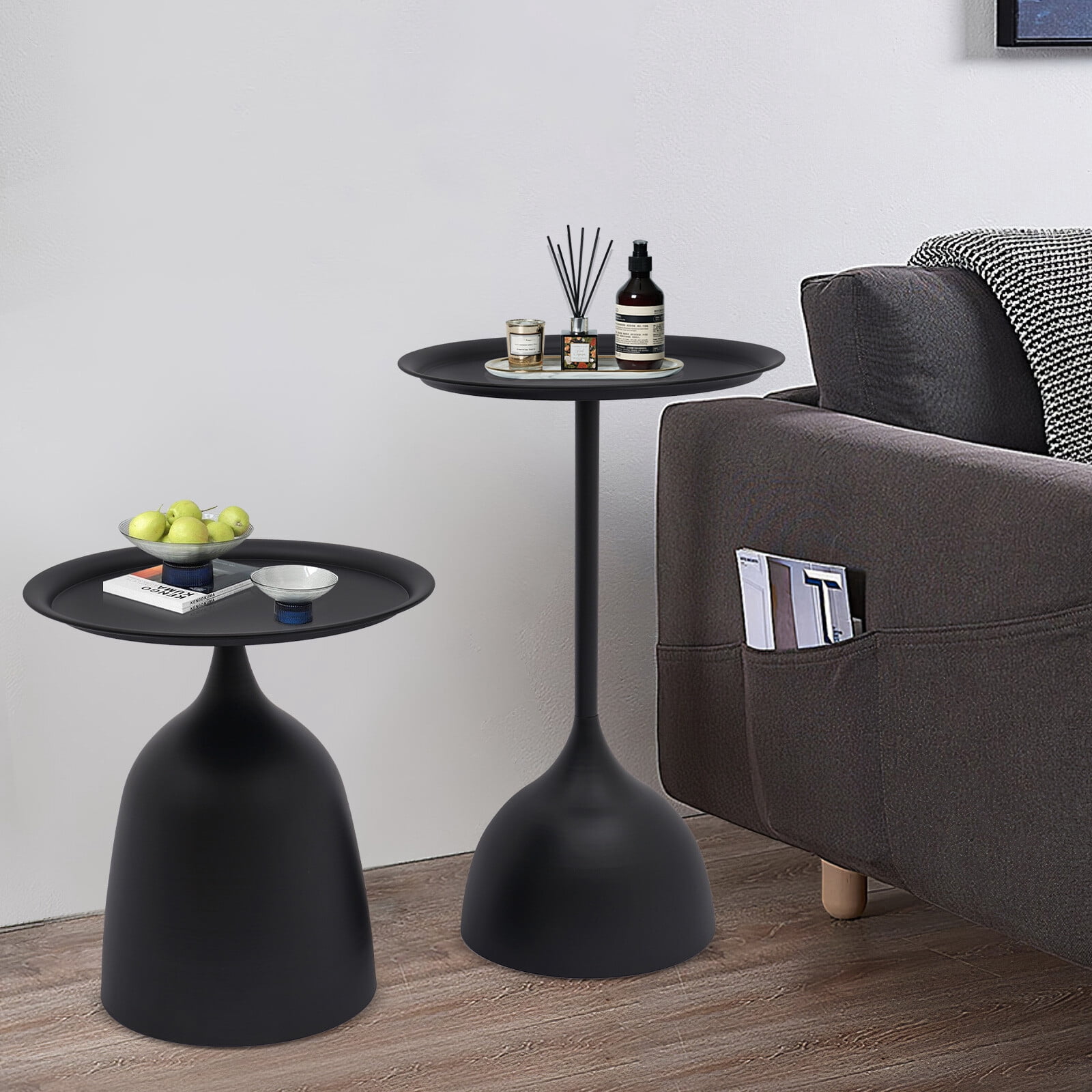 Set of 2 Round Side Tables Nesting Tables Nesting Side Table Set Round Coffee Table Pedestal Coffee Table Metal End Table Set Small Side Table for Living Room Bedroom Balcony (Matte Black)