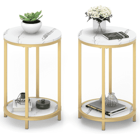 MOOSENG Set of 2 Round Side White Table | Modern Nightstand End Table with Gold Metal, Frame&Faux Marble Top | Accent Bedside Table for Living Room Bedroom with Storage Open Shelf
