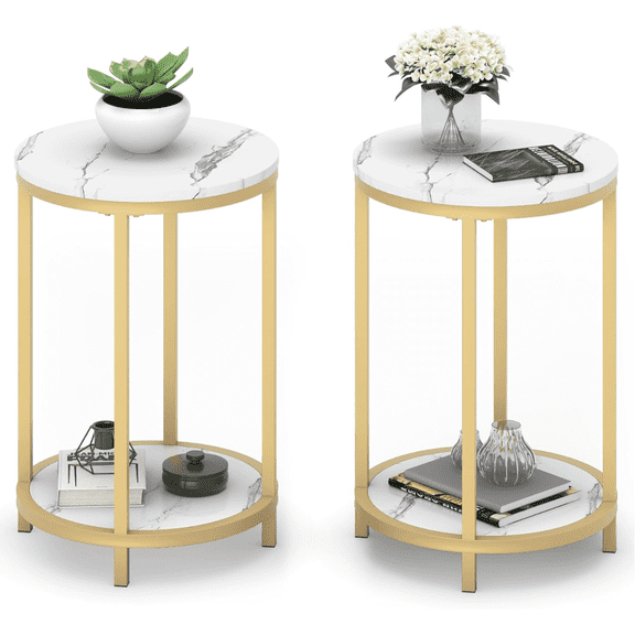 MOOSENG Set of 2 Round Side White Table | Modern Nightstand End Table with Gold Metal, Frame&Faux Marble Top | Accent Bedside Table for Living Room Bedroom with Storage Open Shelf
