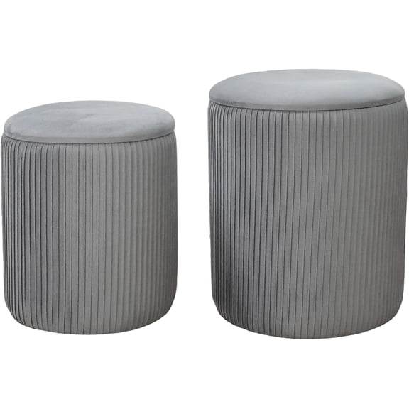 Set of 2 Round Storage Ottomans with Flip-Top Lid, Velvet Nesting Ottoman Stools for Living Room, Multifunctional Foot Rest/Makeup Vanity Seat, Hidden Compartment Upholstered Pouf 330lb Load Grey