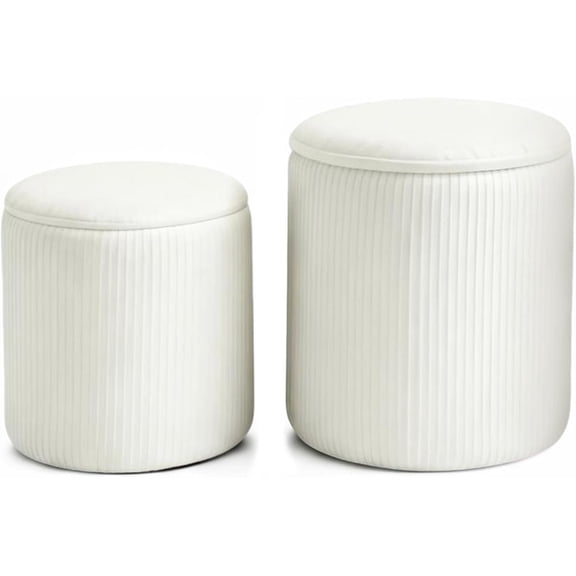 Set of 2 Round Storage Ottomans with Flip-Top Lid, Velvet Nesting Ottoman Stools for Living Room, Multifunctional Foot Rest/Makeup Vanity Seat, Hidden Compartment Upholstered Pouf 330lb Load White