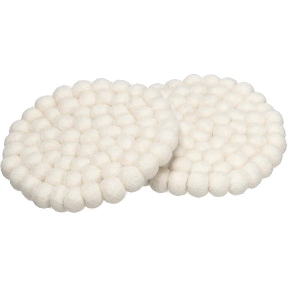Set of 2 Round Wool Felt Coasters, Absorbent Cute Desk Coaster for Drinks Handmade Felt Table Decor Fun Merino Wool Pads for Bar Home Office Restaurants, White