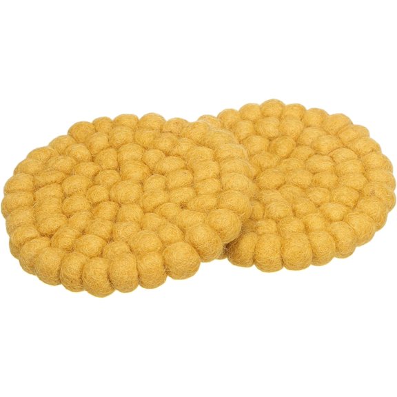 Set of 2 Round Wool Felt Coasters, Absorbent Cute Desk Coaster for Drinks Handmade Felt Table Decor Fun Merino Wool Pads for Bar Home Office Restaurants, Yellow