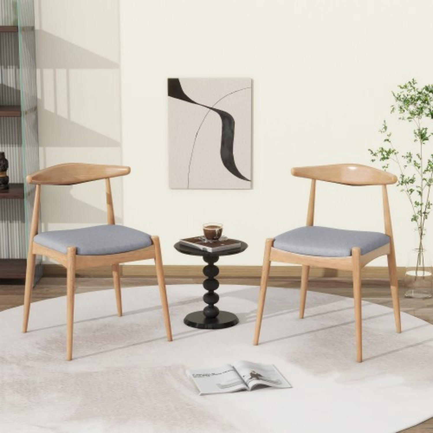 Set of 2 Rubberwood Dining Chairs with Ergonomic Backrest, Upholstered Cushion Seats & Solid Wood Frame, Mid-Century Dining Room Chairs, Natural, Grey