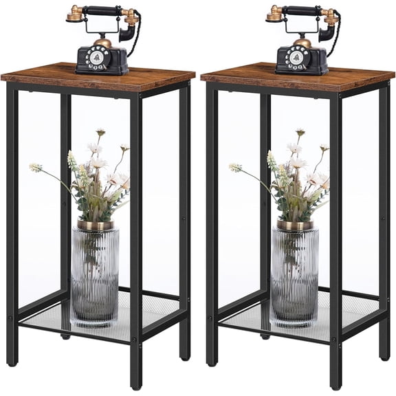 Set of 2 Rustic Brown Black Tall Side Stands, Industrial Accent Tables with Adjustable Mesh Shelf Unit, Compact Side Storage Table Bedroom Storage Stand for Entryway Living Room Office