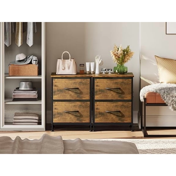 Set of 2 Rustic Brown Nightstand with Fabric Bins Bedside Table End Table Small Dresser for Bedroom Closet Entryway College Dorm Wooden Top 15 Min Assembly
