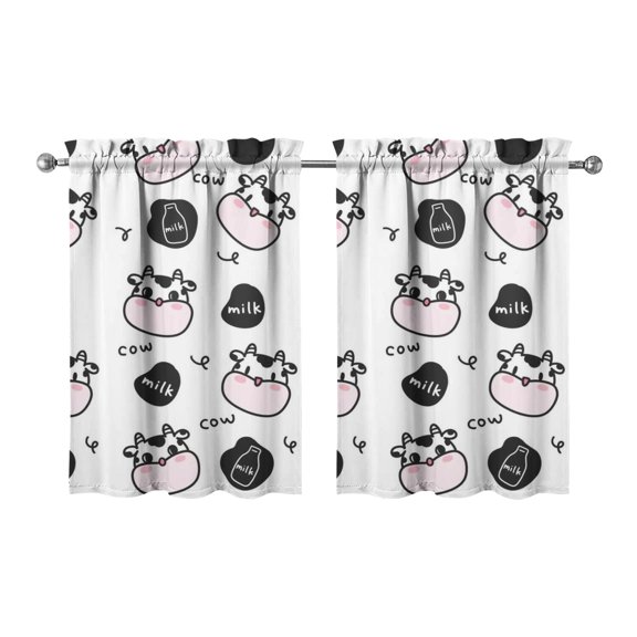 Set of 2 Rustic Cow Print Kitchen Curtains 27.5x36 Inch, Semi-Sheer Farmhouse Window Panels with Rod Pocket, Cute Bull & Buffalo Pattern Short Curtains