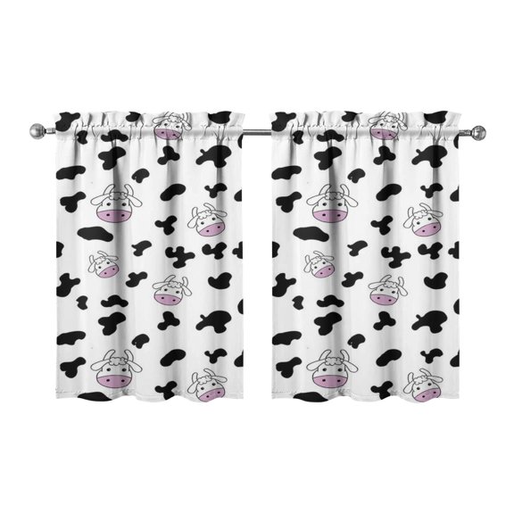 Set of 2 Rustic Cow Print Kitchen Curtains 27.5x36 Inch, Semi-Sheer Farmhouse Window Panels with Rod Pocket, Cute Bull & Buffalo Pattern Short Curtains