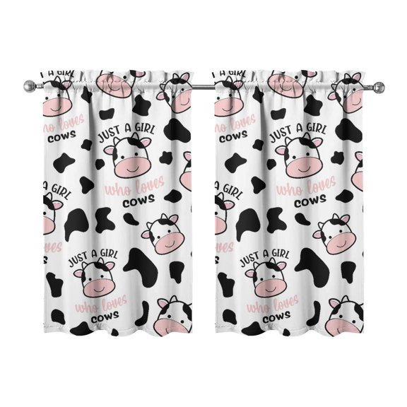 Set of 2 Rustic Cow Print Kitchen Curtains 27.5x39 Inch, Semi-Sheer Farmhouse Window Panels with Rod Pocket, Cute Bull & Buffalo Pattern Short Curtains
